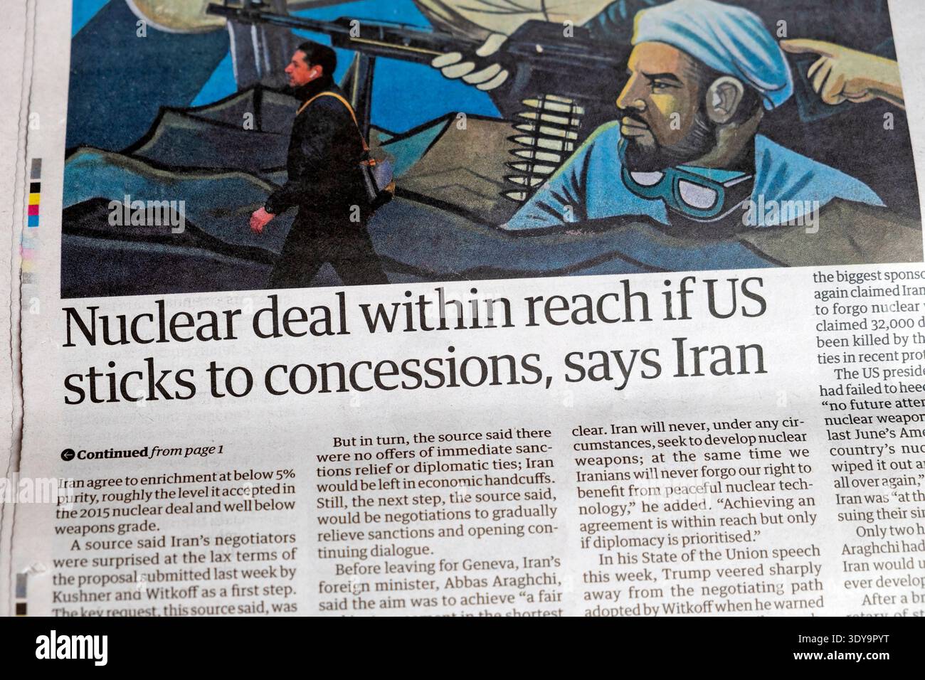 "Atomabkommen in Reichweite, wenn die USA an Zugeständnisse festhalten, sagt die Zeitung Iran' Guardian, bevor sie den Krieg im Nahen Osten beginnen 26. Februar 2026 Stockfoto