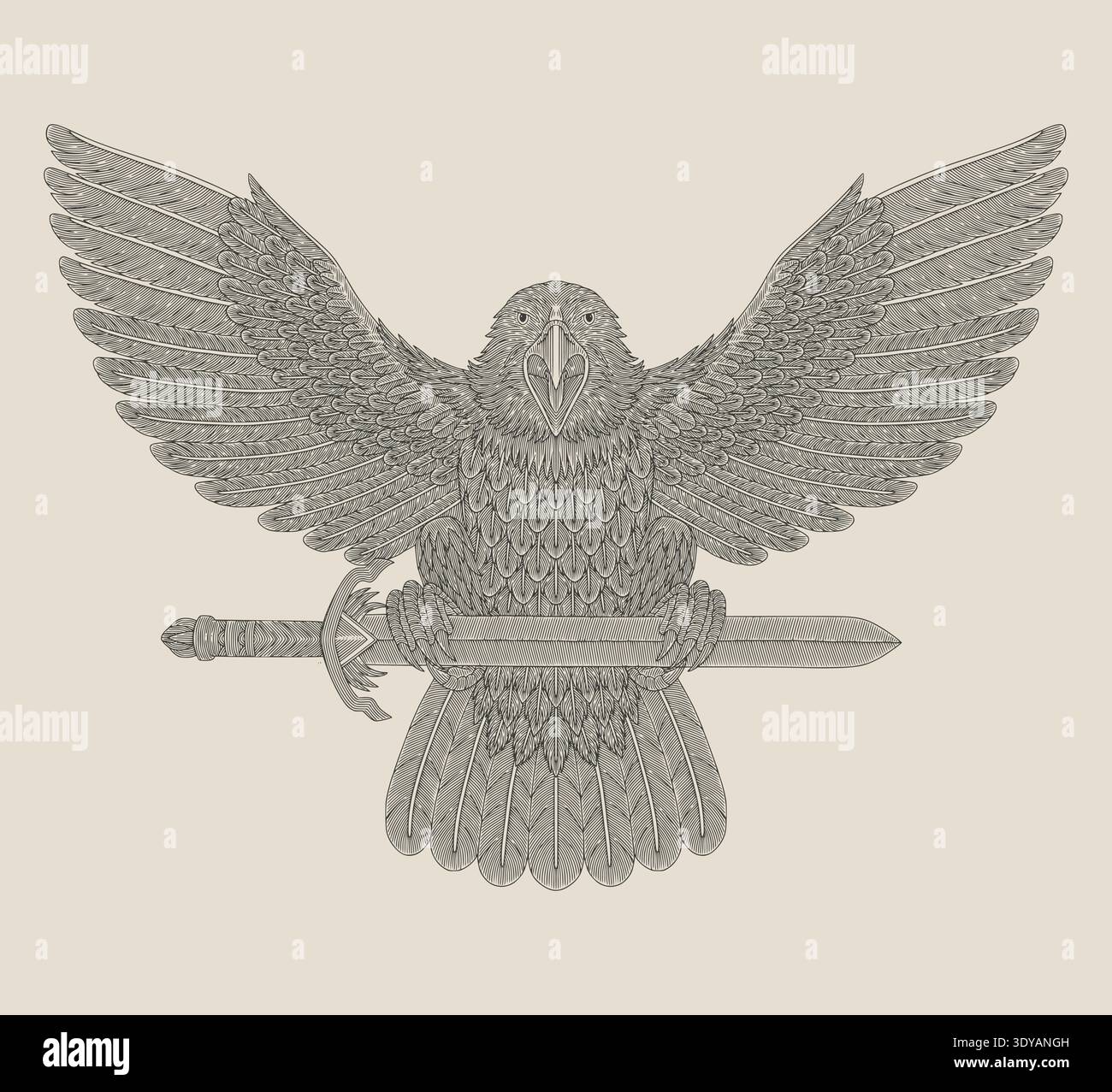 Eagle mit einem alten Schwert, Vintage Gravur Zeichnung Stil Illustration Stock Vektor