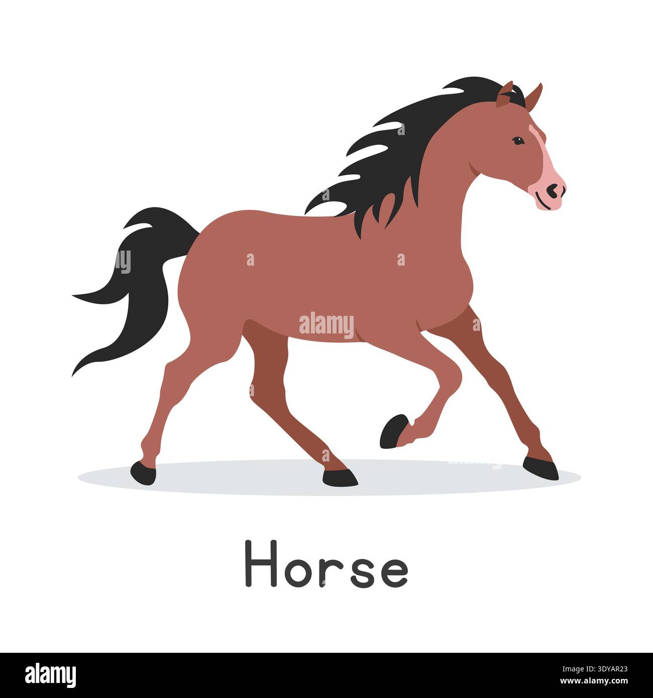 Illustration des Pferdevektors. Niedliches Running Horse Cartoon Clipart, Tier im flachen Stil. Nutztierkonzept, ländliche Landwirtschaft Stock Vektor