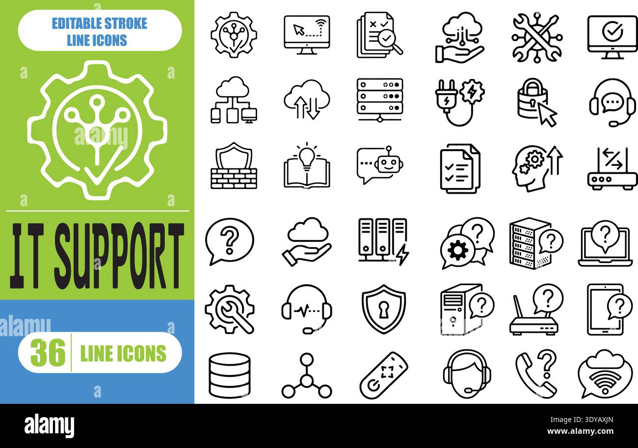 Symbolsatz IT-Support, Zeilensymbole für technische Unterstützung und Managed Services, Computerreparatur und Fehlerbehebung im Netzwerk isolierte Vektorelemente Stock Vektor