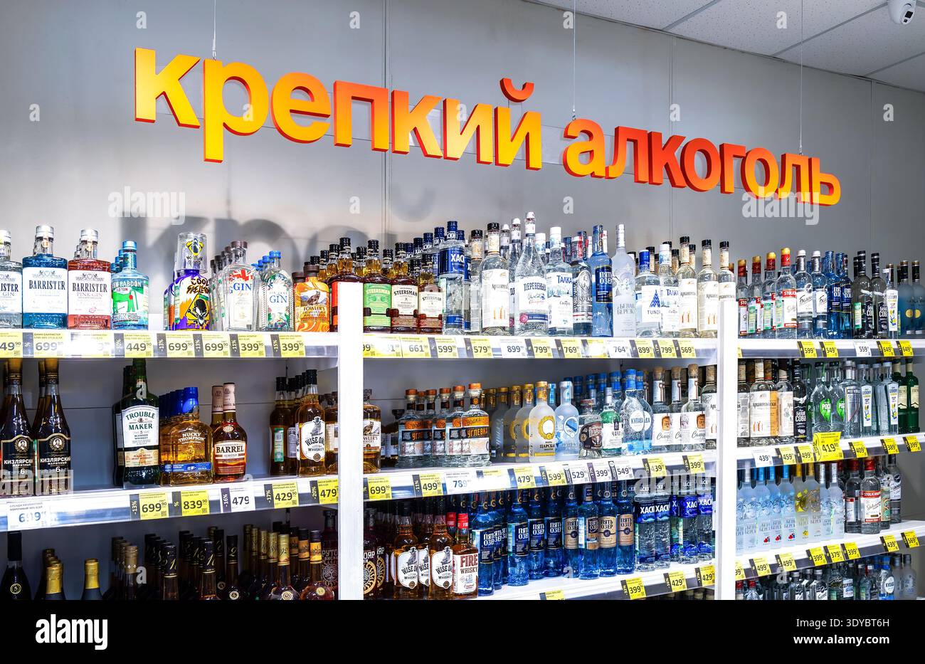 Samara, Russland - 25. September 2025: Schild im Supermarkt. Alkoholische Getränke in Flaschen und Spirituosen. Text auf Russisch: 'Starker Alkohol' Stockfoto