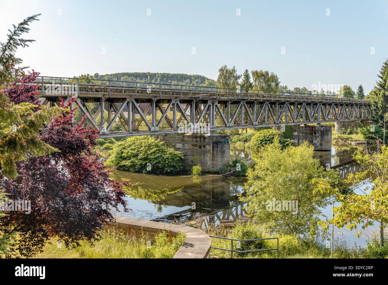 Historische Eisenbahnbrücke über die Zwickauer Mulde in Rochlitz, Sachsen, Deutschland, Stahlfachwerkbrücke umgeben von grüner Landschaft Stockfoto