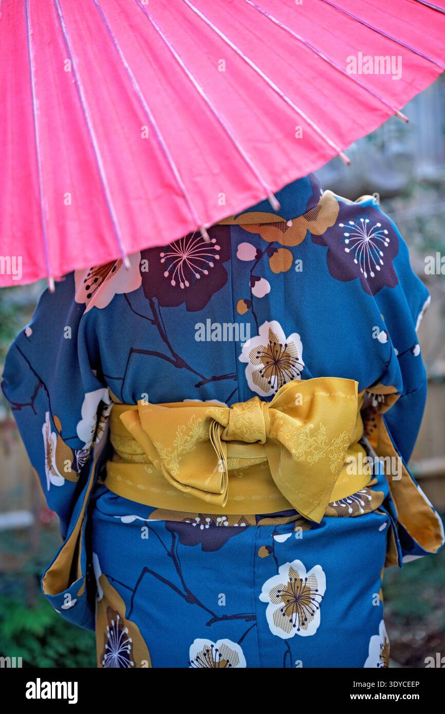 Rückansicht der Frau in blauem Kimono mit Gold Obi und traditionellem Papierschirm Stockfoto