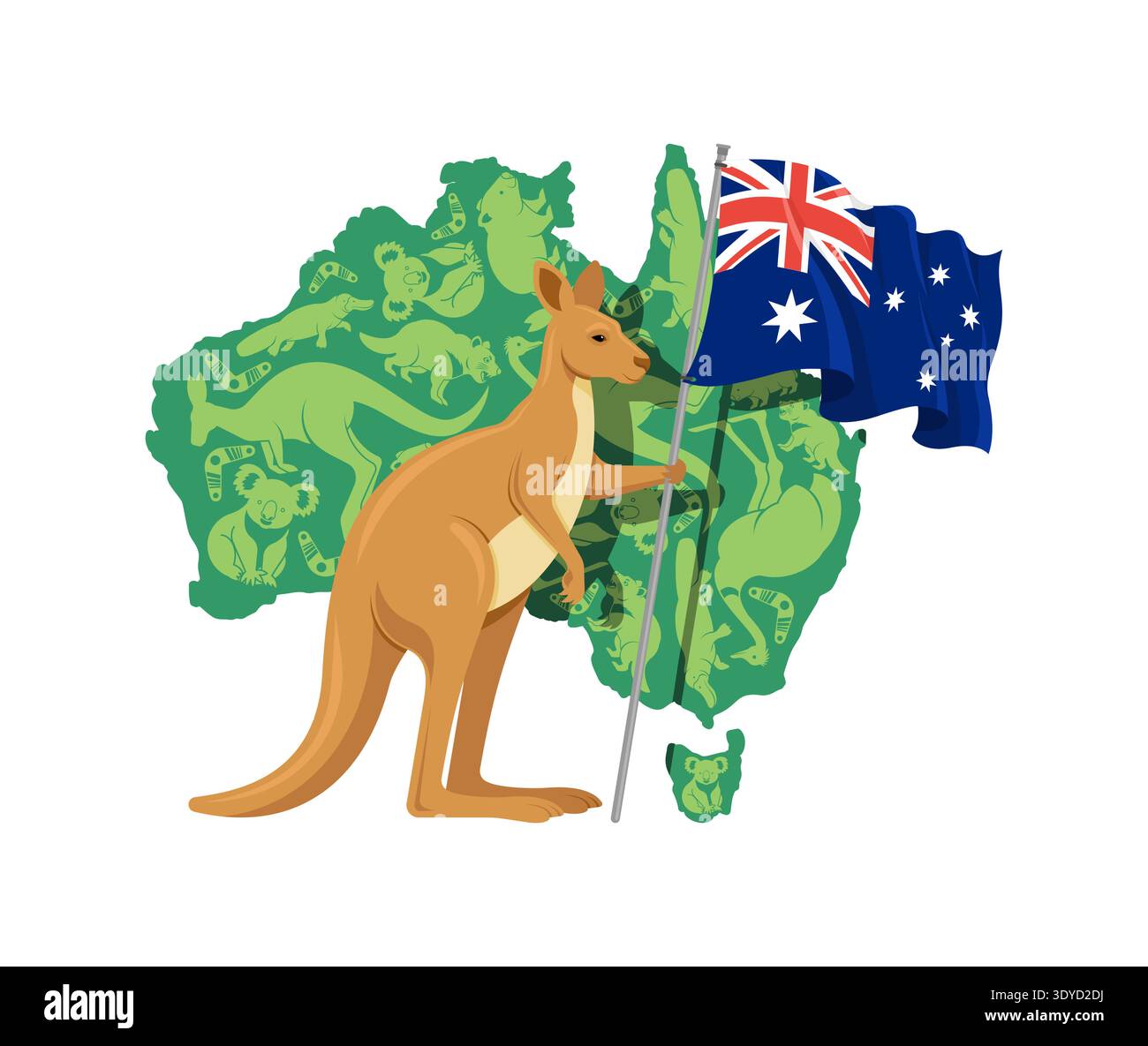 Australien Day und Nationalstolz. Känguru hält die australische Flagge vor einer grünen Kartensilhouette. Stock Vektor