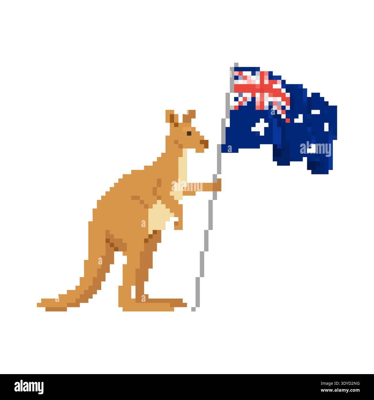Pixel Art Känguru und australische Nationalflagge. Retro-Maskottchen im 8-Bit-Spielstil für patriotische und Urlaubskonzepte. Stock Vektor
