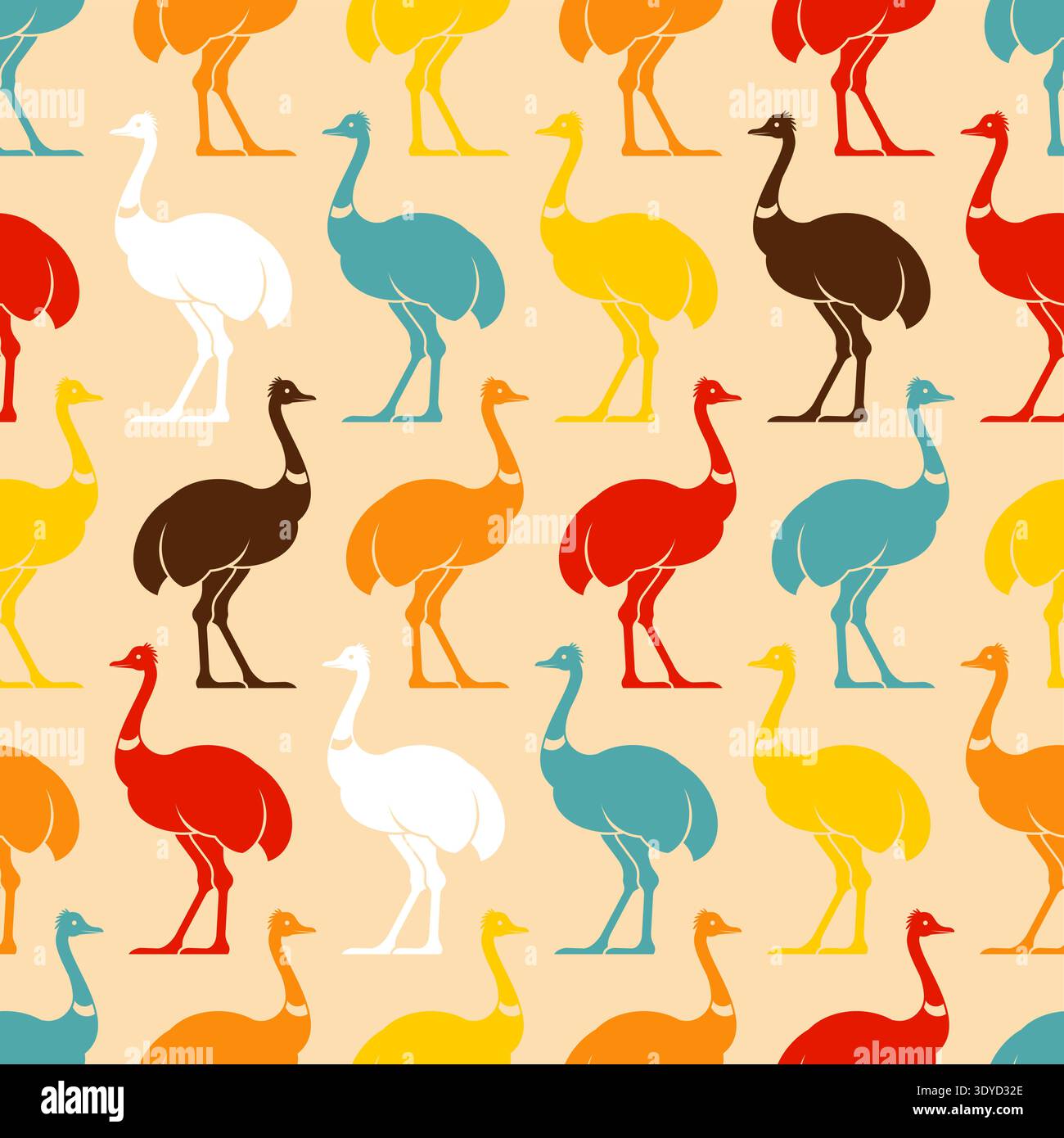 Muster mit farbenfrohen emu-Vogel-Silhouetten auf beigefarbenem Hintergrund. Lebendige Wildtiertapete für Kinder, Textil-, Dekor- und Drucksachen. Flache Vektorillustraten Stock Vektor