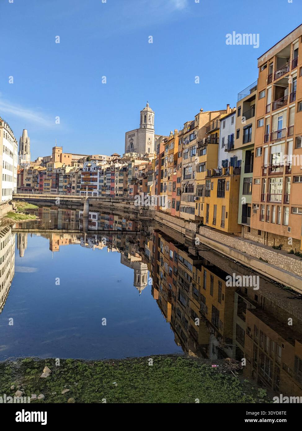 Girona, Katalonien, Spanien – farbenfrohe Häuser spiegeln sich im Fluss Onyar in der historischen Altstadt von Girona wider. Stockfoto