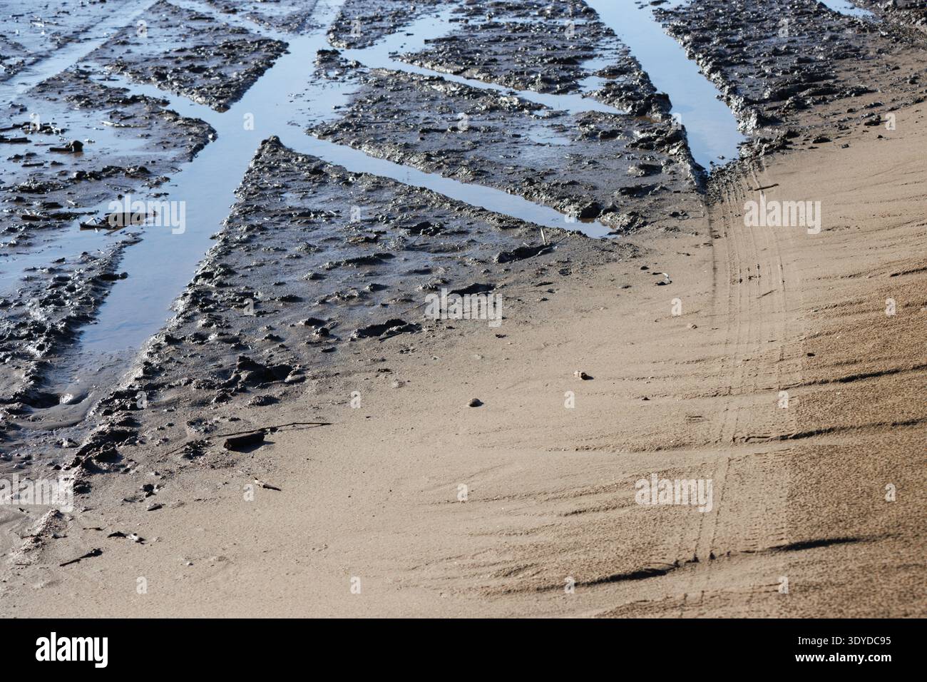 Reifenspuren auf matschigem Sandstrand bei Ebbe Stockfoto