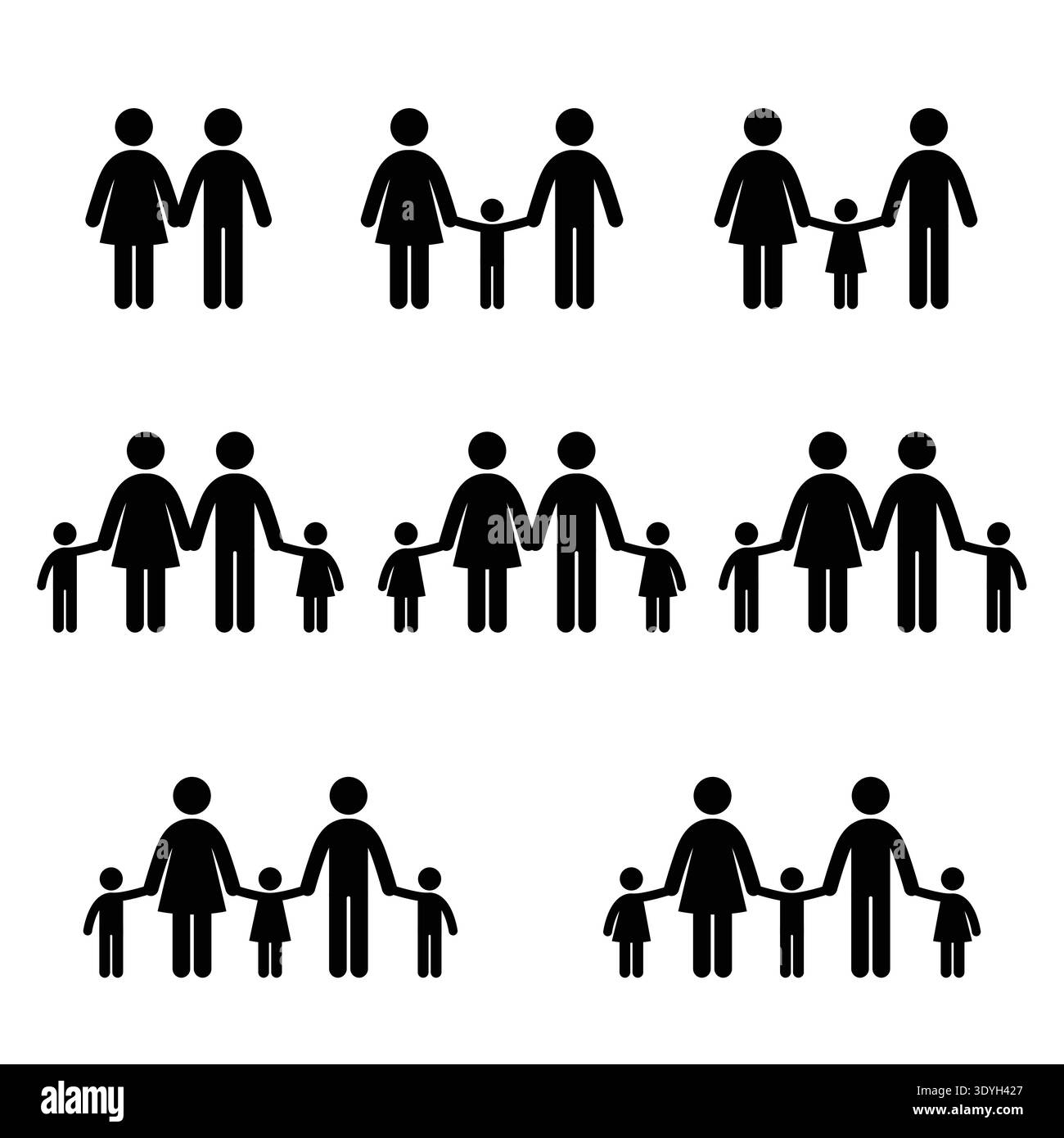 Stick Family Icons Set Schwarze Silhouetten Kollektion Stock Vektor