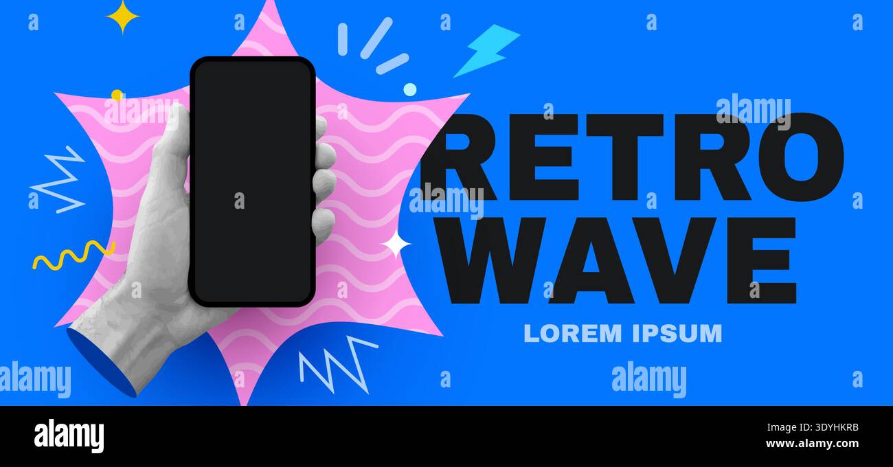 Dynamisches Retro Wave-Banner mit einer stilvollen Hand, die ein modernes Smartphone auf einem lebendigen Hintergrund hält. Vektorabbildung. Stock Vektor