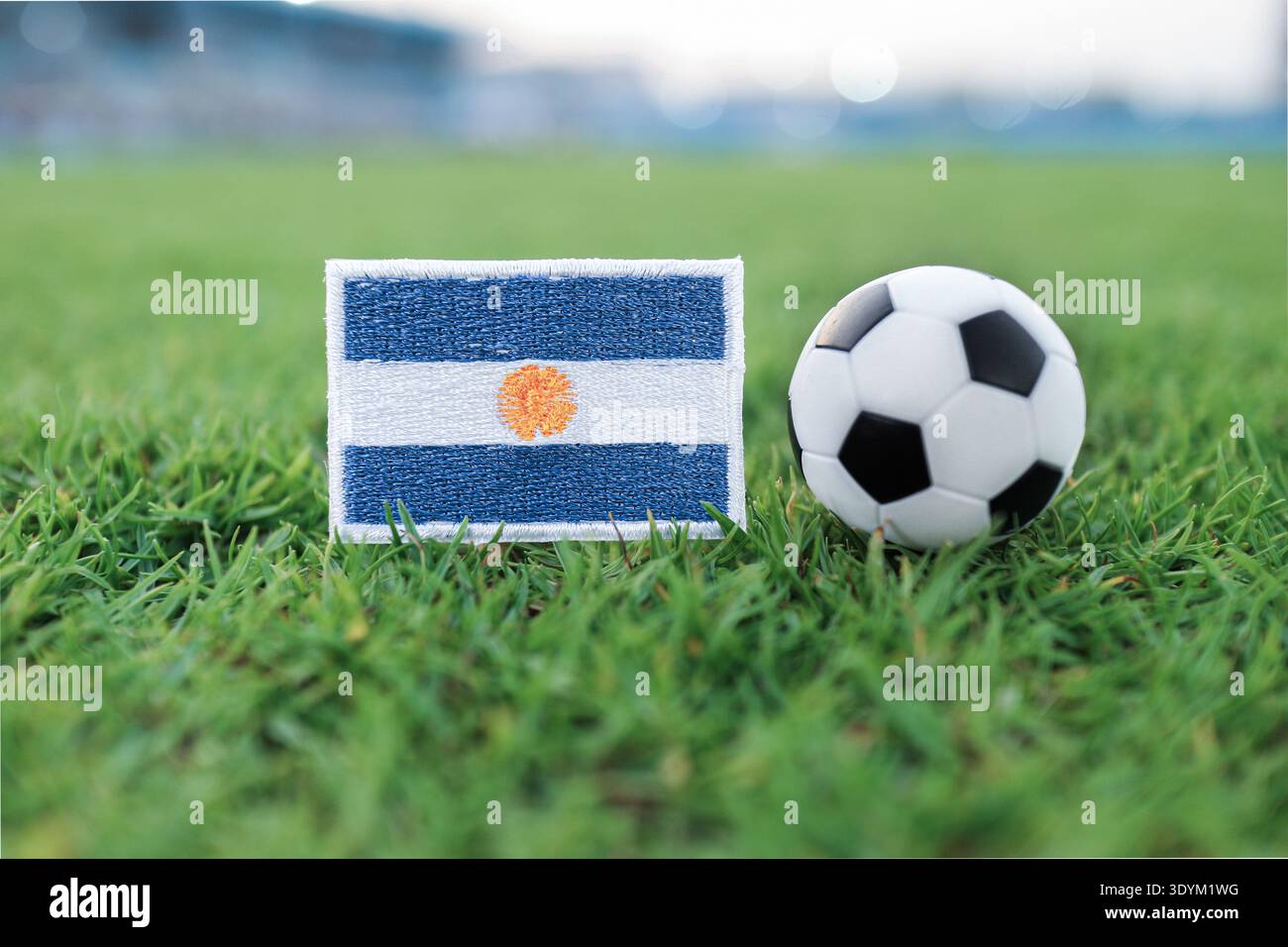 Argentinische Flagge und Fußball auf dem grünen Fußballstadionfeld am Abend mit sanften Lichtern, die den Stolz des südamerikanischen Fußballs repräsentieren. Stockfoto