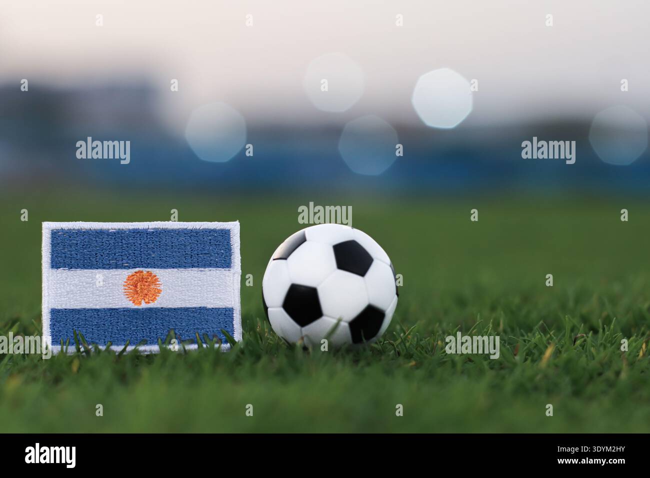 Argentinische Flagge und Fußball auf grünem Gras während des Nachtspiels. Profisport-Hintergrund für internationale Fußballnachrichten. Stockfoto
