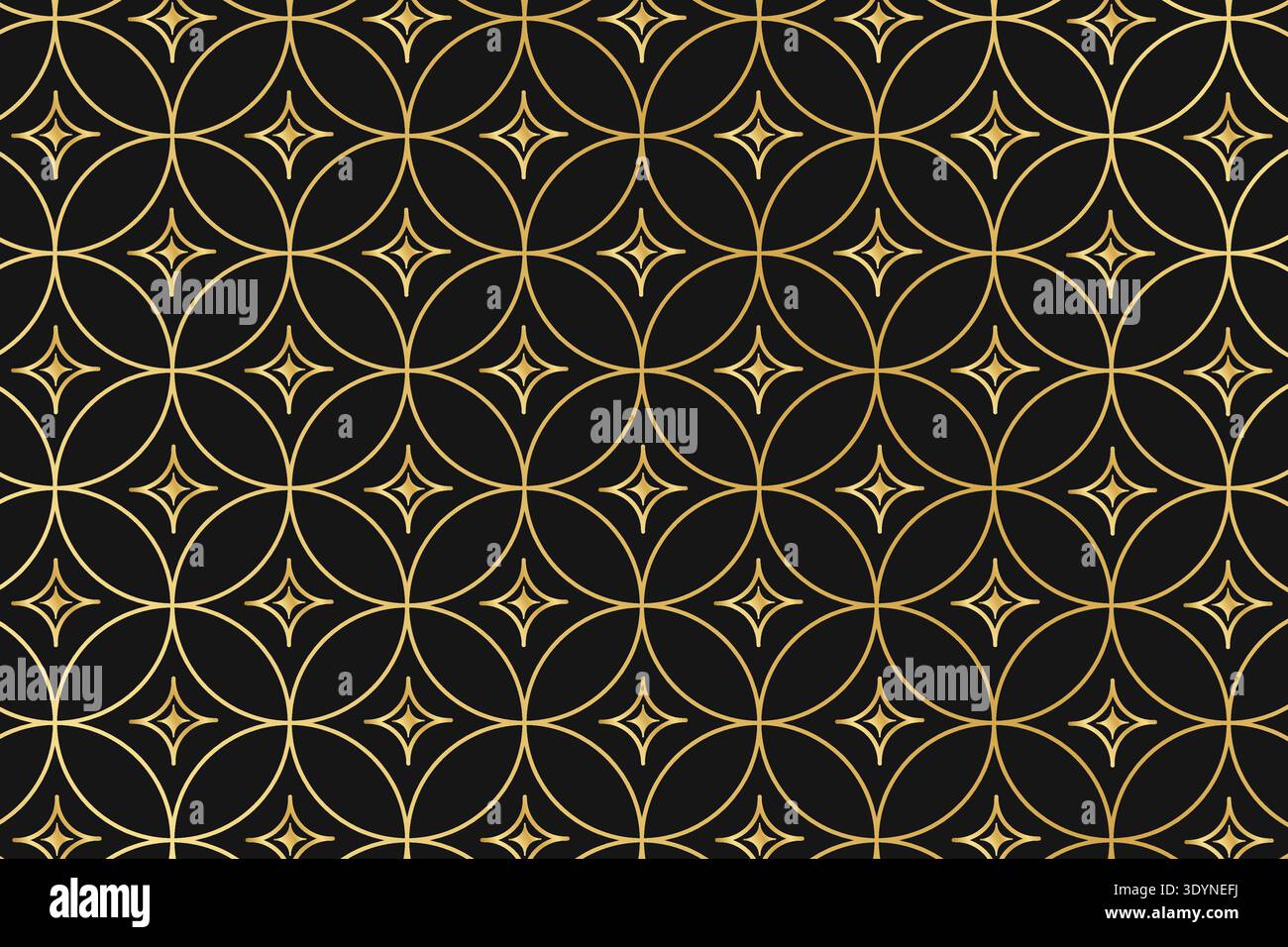 Art-Deco-Muster mit wiederholten überlappenden goldenen Kreisen und funkelnden Formen auf schwarzem Hintergrund. Luxuriöses geometrisches Muster. Elegante, minimalistische Tapete. Goldenes abstraktes Ornament. Vektorabbildung. Stock Vektor