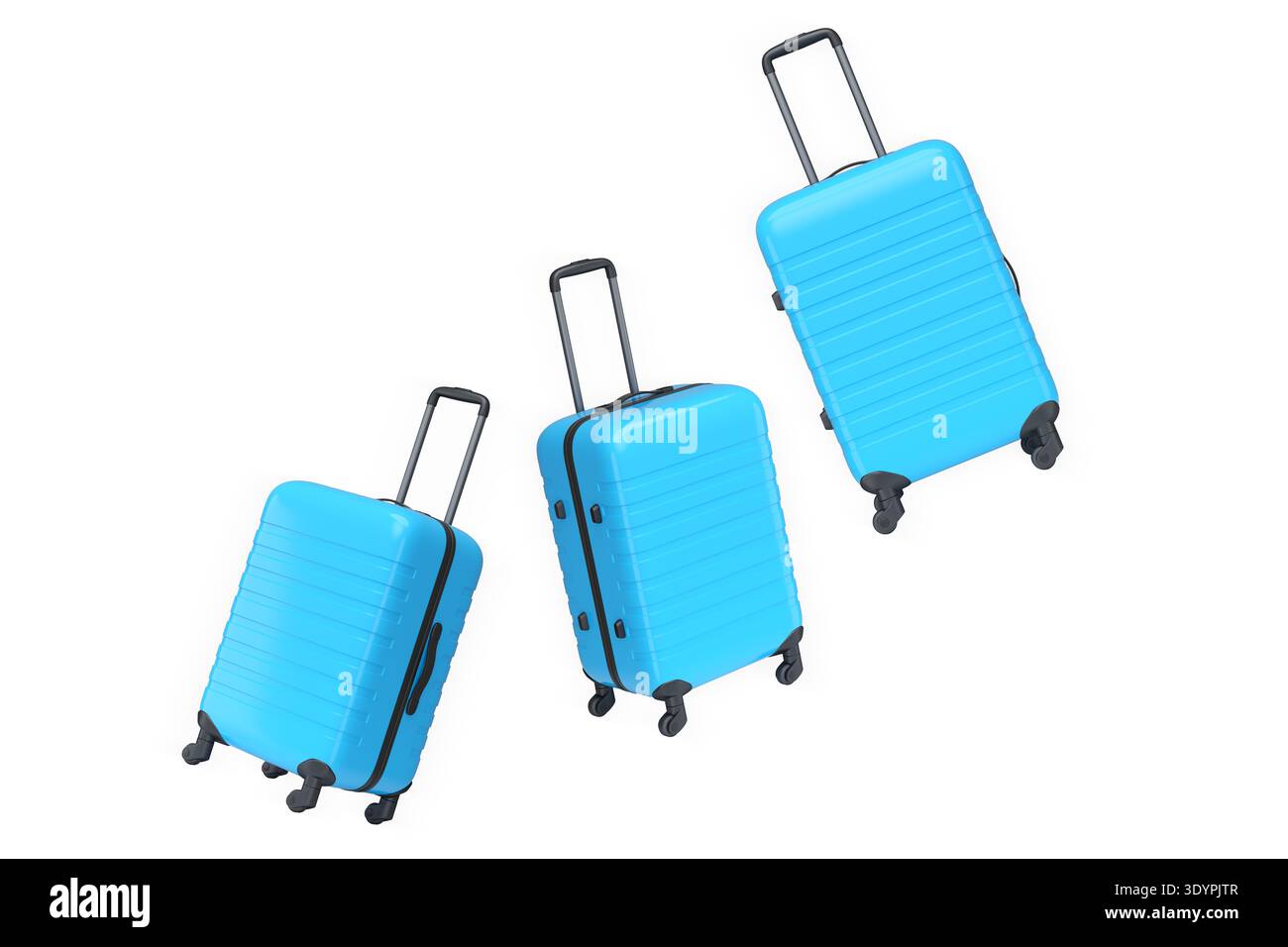 Set aus farbigen Kunststoffkoffern mit Griffen und Rädern, die diagonal auf weißem Hintergrund liegen. Reise- und Urlaubskonzept Stockfoto