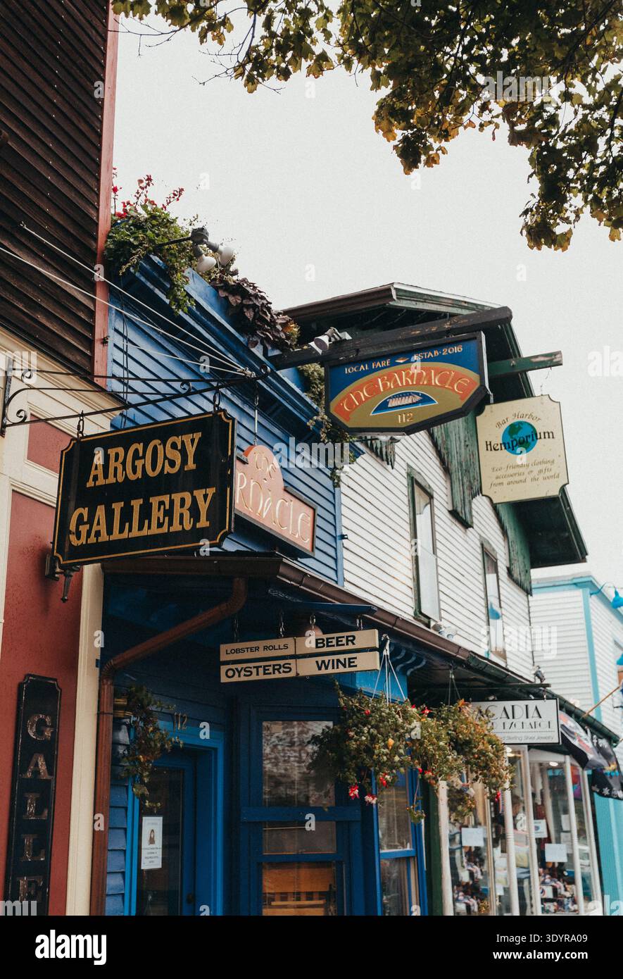 Bunte Ladenfronten säumen eine regnerische Straße im Stadtzentrum von Bar Harbor, Stockfoto