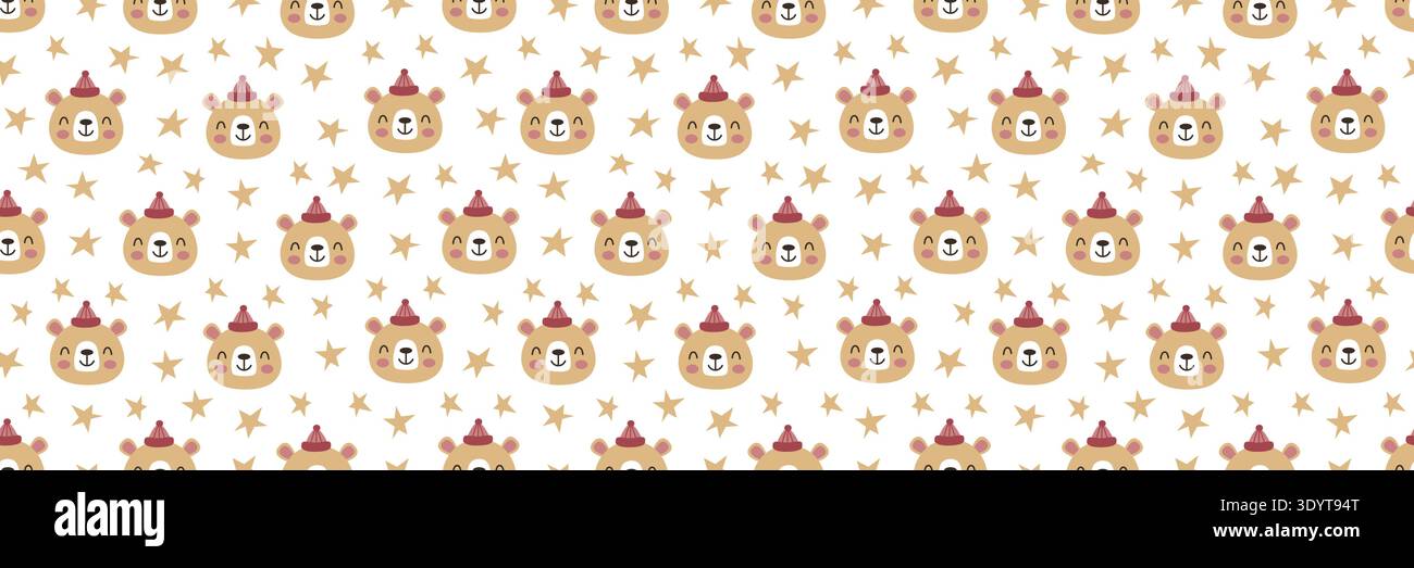 Niedliches Bärenmuster mit niedlichen Gesichtern im nahtlosen Design. Perfekt für Wintertextilien für Babys, Weihnachtsdrucke für Kinder und Einrichtung im Kinderzimmer mit bezaubernden Teddyfiguren. Stock Vektor
