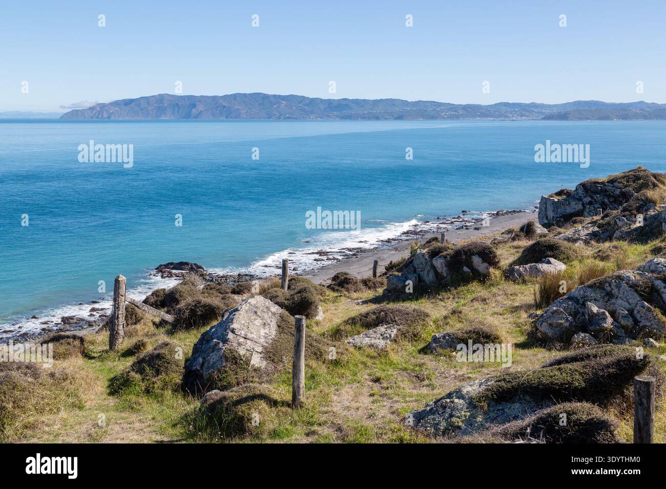 Blick in Richtung Sinclair Head über die Cook Strait von Baring Head, Nordinsel, Neuseeland Stockfoto