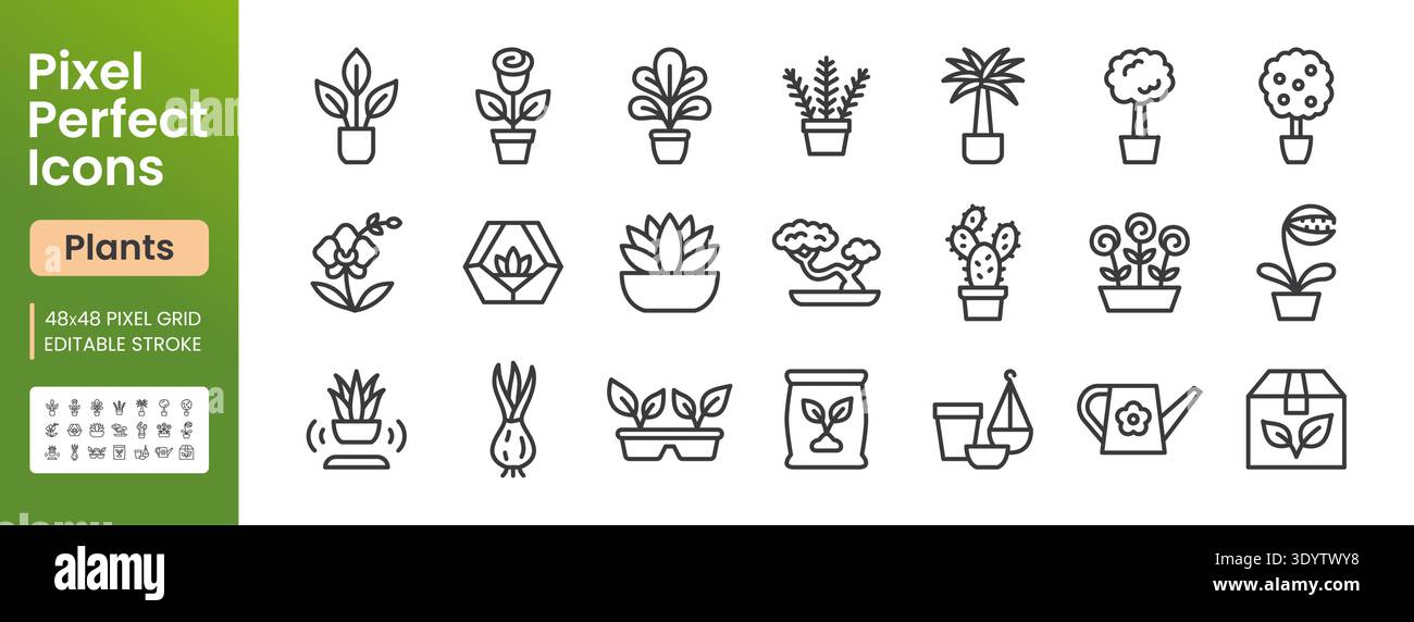 Zimmerpflanzen, Indoor-Gartenlinie Symbolsatz. Topfblumen, Kakteen, Sukkulenten, Bonsai, Bewässerung können Vektorillustrationen minimieren. Einfache Gliederung Stock Vektor