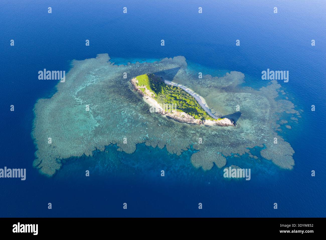Ein flaches Korallenriff befindet sich rund um eine malerische Insel im Bligh Channel in Fidschi. Fidschis wunderschöne Korallenriffe unterstützen eine hohe biologische Vielfalt der Meere. Stockfoto