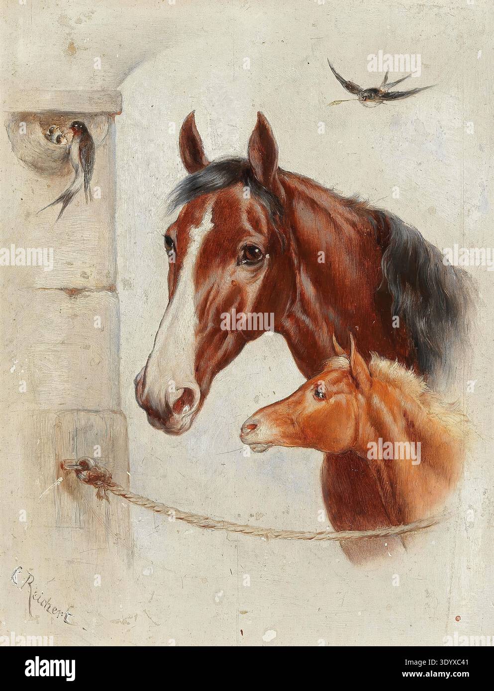 Carl Reichert, Karl Reichert, Pseudonym J. Hartung (geb. 27. August 1836 in Wien; Std. 5. April 1918 in Graz). österreichischer Maler, vor allem Landschaftsmaler und Tiermaler. Hier sein Werk:, idyllische Stallszene, Darstellung einer Stute mit ihrem Fohlen, im Hintergrund sind Schwalben zu sehen, von denen eine in ihrem Nest an der Stallwand junge Vögel füttert, Gemälde, Reproduktion des Gemäldes, Kunstwerk, Historisch Stockfoto