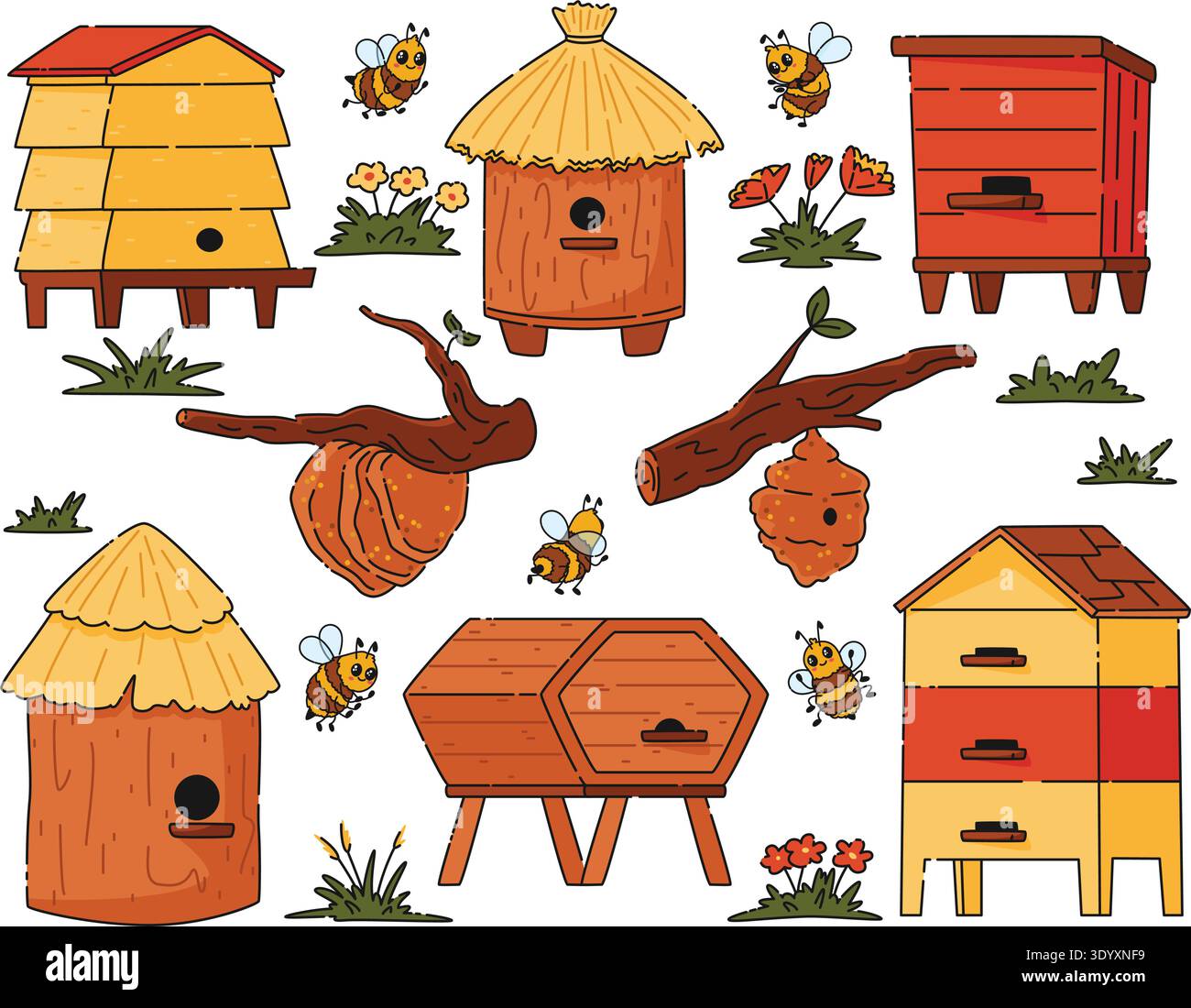 Honigprodukte und Bienenwarenset. Imkerei-Sammlung mit Holzhaus und Bienenstock auf Baum für Bienen Stock Vektor