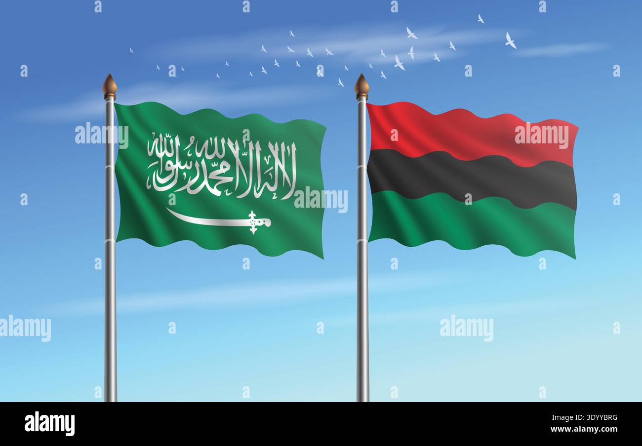 Saudi-Arabien und afroamerikanische Flaggen stehen in Beziehung zum Himmel Stock Vektor