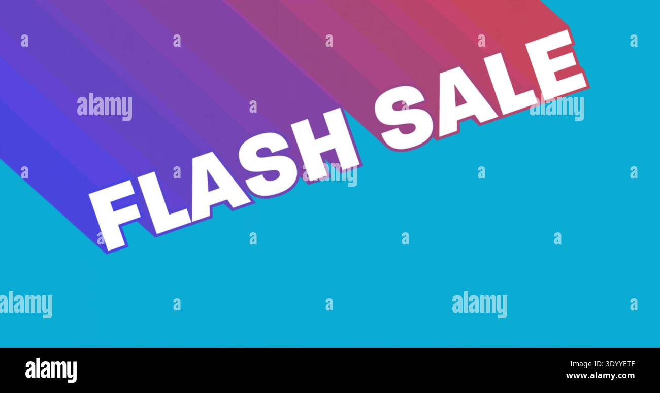 Anzeige von FLASH-VERKAUFSTEXTEN auf digitalem Banner, mit Verlaufsfeld, Cyan-Block und magentafarbenem Schatten Stockfoto