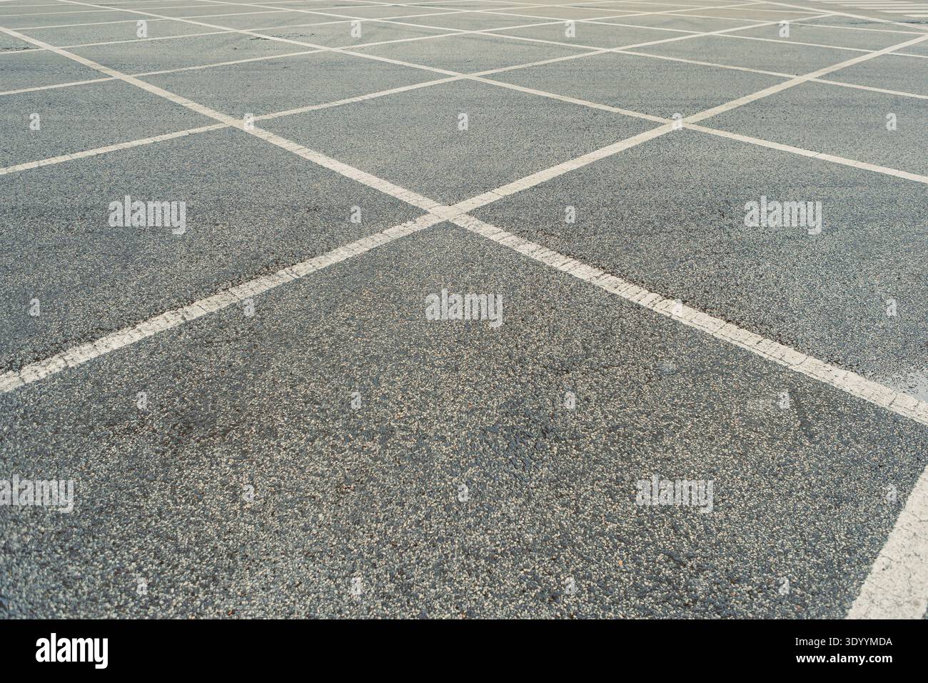 Mehrere markierte Parkplätze sind bei hellem Tageslicht und klaren Linien auf einem leeren Parkplatz zu sehen, ohne dass Fahrzeuge vorhanden sind. Stockfoto