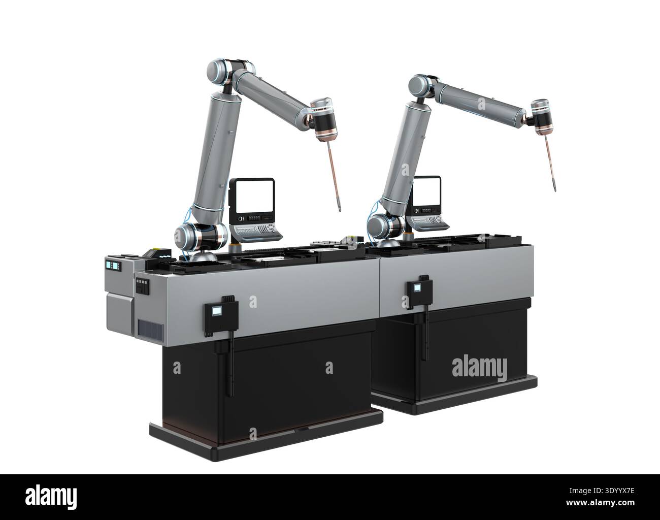 Konzept der Automatisierungsindustrie mit Roboterarmen für 3D-Rendering mit Bedienfeldern, die auf weiß isoliert sind Stockfoto