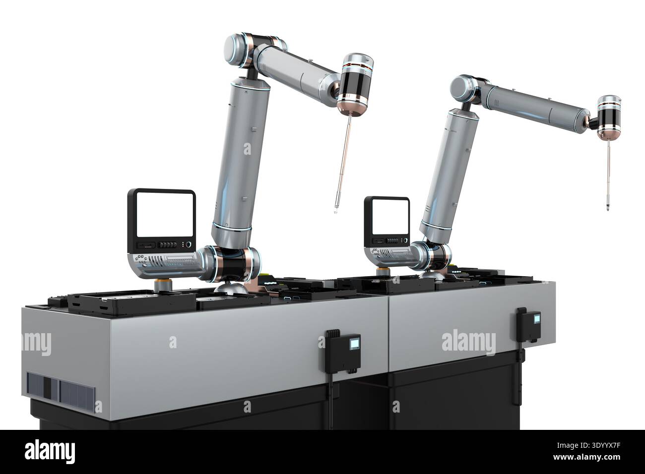 Konzept der Automatisierungsindustrie mit Roboterarmen für 3D-Rendering mit Bedienfeldern, die auf weiß isoliert sind Stockfoto