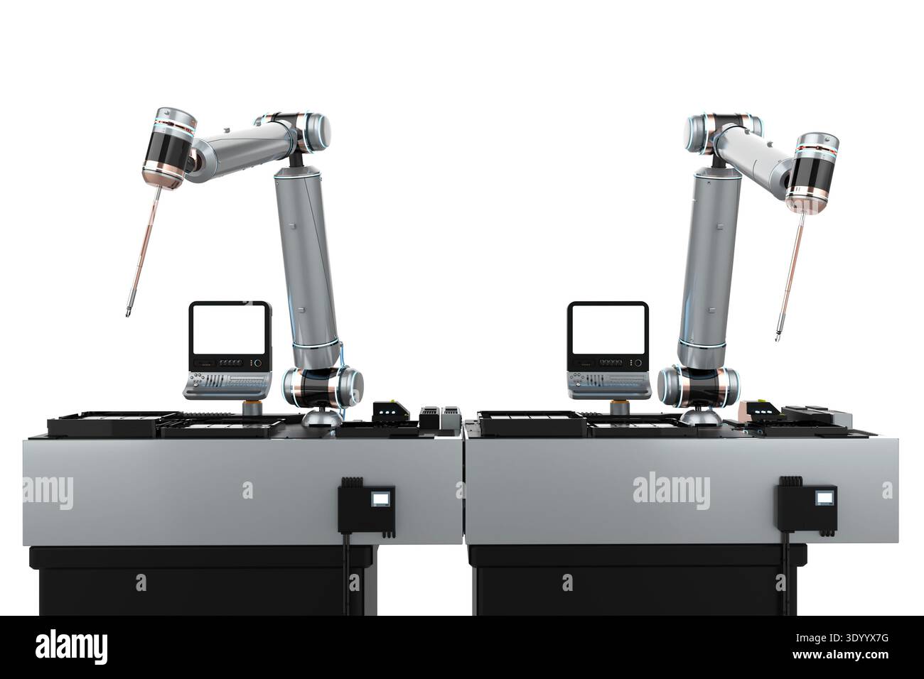 Konzept der Automatisierungsindustrie mit Roboterarmen für 3D-Rendering mit Bedienfeldern, die auf weiß isoliert sind Stockfoto