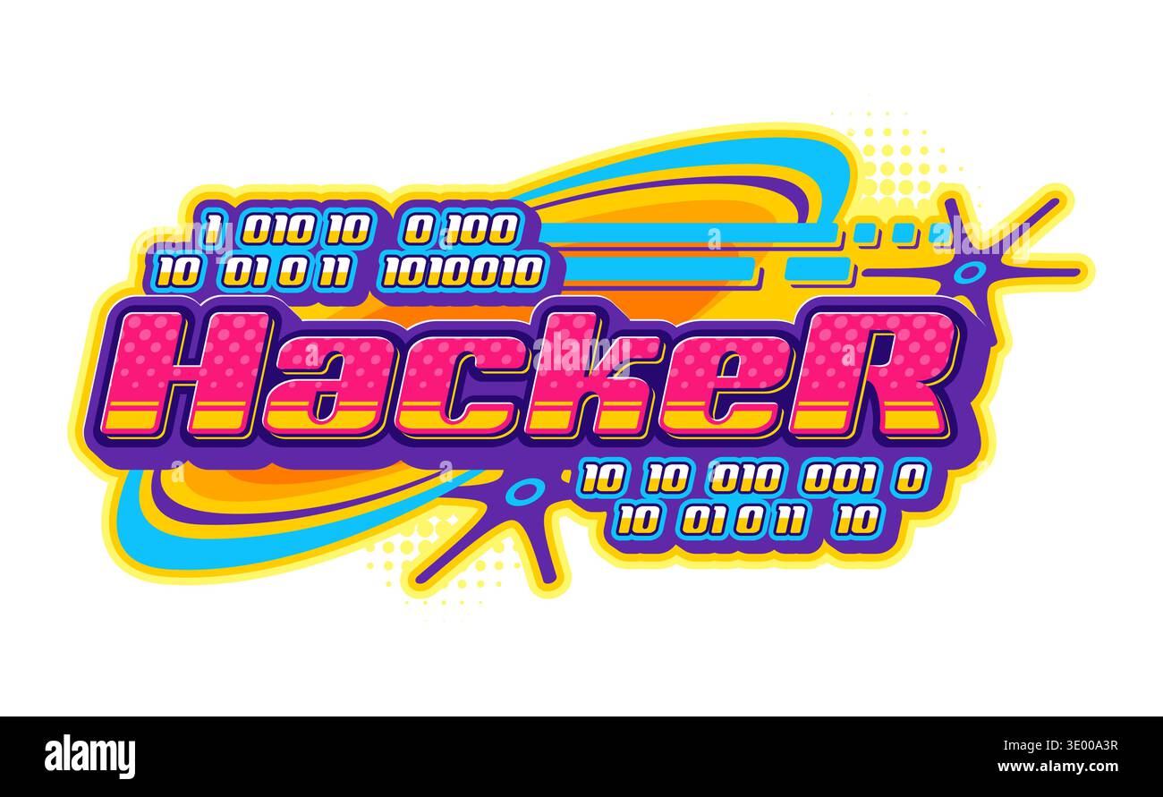 Computerhacker Y2K-Retro-Symbol oder -Emblem. Vintage-Software Y2K-Vektor-Emblem, digitale Technologie Vintage-Symbol. Computersicherheit und Hacker-Angriffszeichen mit Binärcode und futuristischer Typografie Stock Vektor