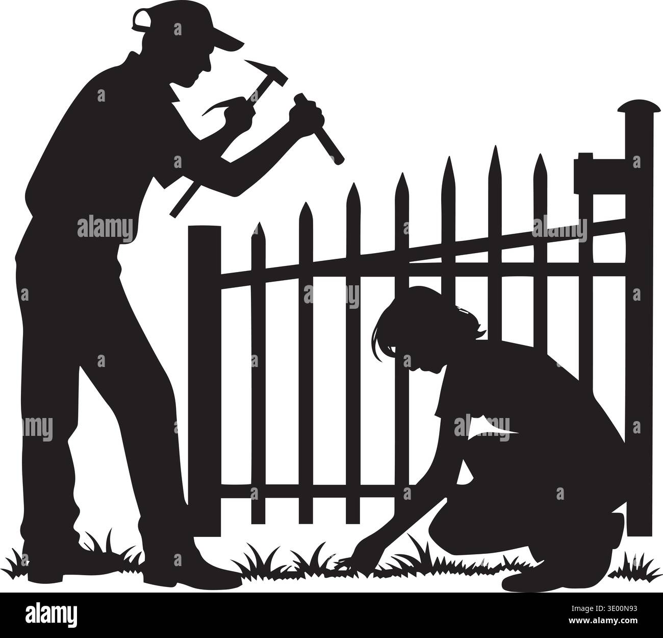 Schwarz-weiße Vektorsilhouette von Arbeitern, die einen Zaun bauen und installieren, ideal für Bauarbeiten, Hausverbesserungen und Bauunternehmer-Entwürfe Stock Vektor