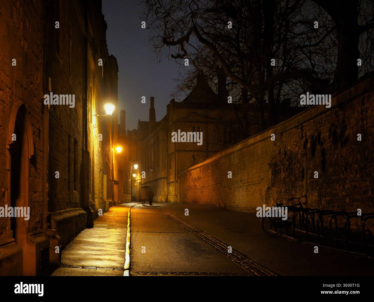 Die historischen und wunderschönen Seitenstraßen von Oxford in einer trüben, feuchten Nacht sorgen für eine herrliche Atmosphäre. Stockfoto