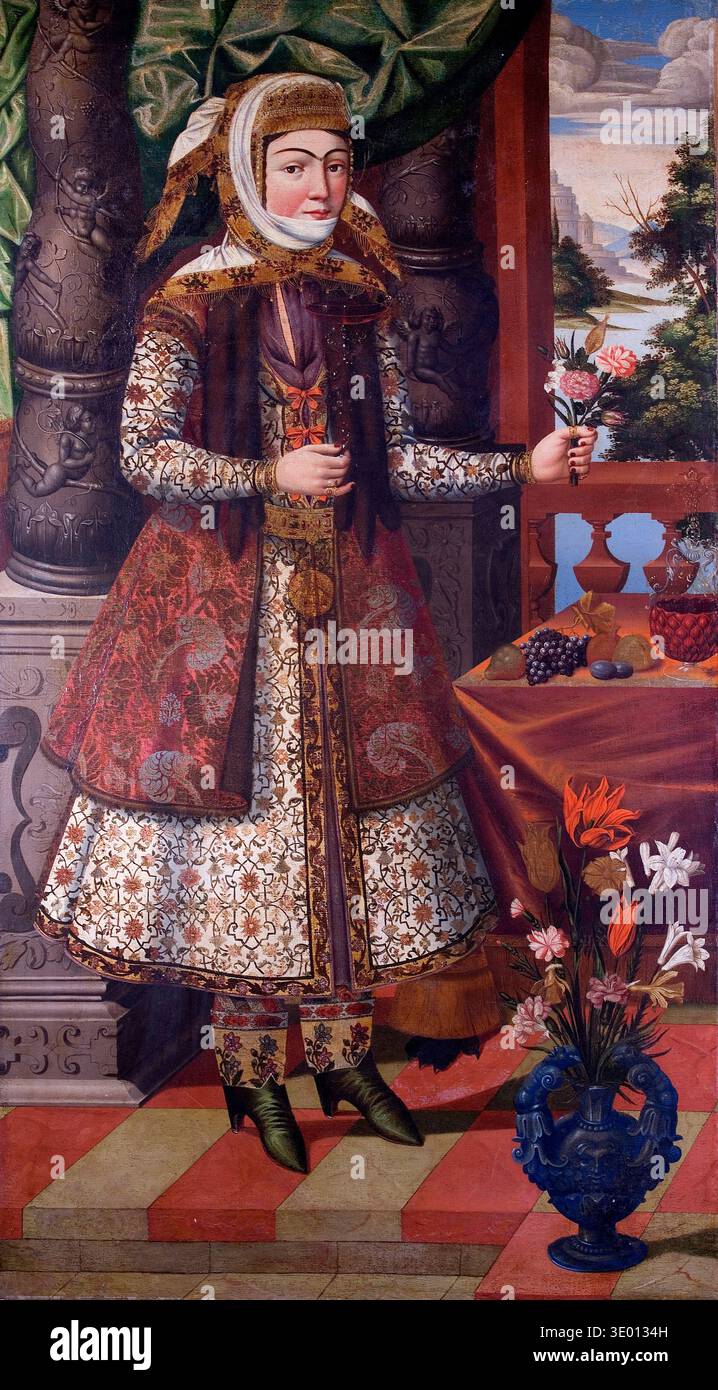 Dieses fesselnde Ölgemälde aus dem späten 17. Jahrhundert zeigt eine Adlige, möglicherweise iranische, in reich gemusterter traditioneller Kleidung mit einem zarten Blumenstrauß geschmückt. Ihr ausgeklügeltes Kleid mit komplizierten Stickereien und lebhaften Farben deutet auf ihren hohen Status und die künstlerischen Traditionen der Safawiden-Zeit hin, mit einer malerischen Landschaft, die durch ein Fenster zu ihrer Rechten sichtbar ist. Stockfoto