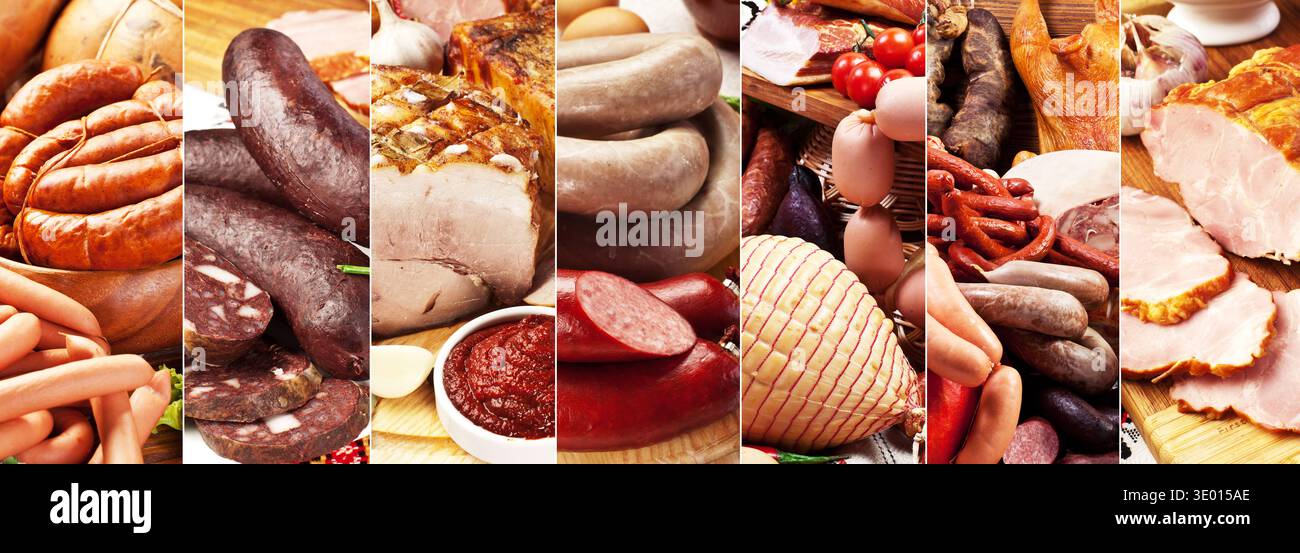 Eine köstliche Collage mit einer vielfältigen Auswahl an Wurst- und Wurstwaren, geschnittenem Schinken und traditionellem Del Stockfoto
