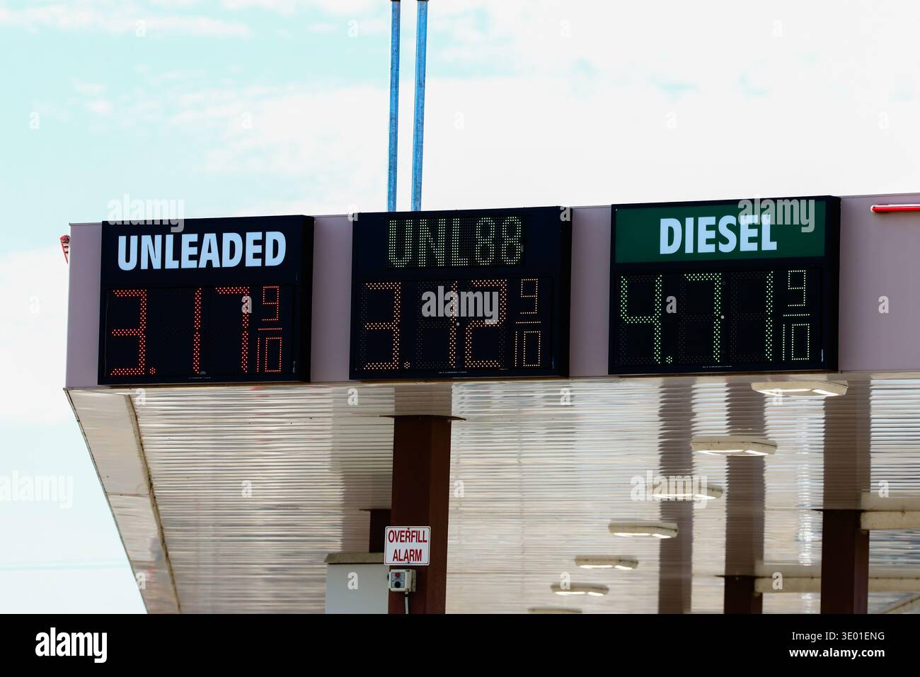 Nahaufnahme eines Schilds einer digitalen Tankstelle mit den Preisen pro Gallone für regulären Kraftstoff, Plus- und Premium-Kraftstoff in Menomonie, Wisconsin, USA. März 2026. Stockfoto