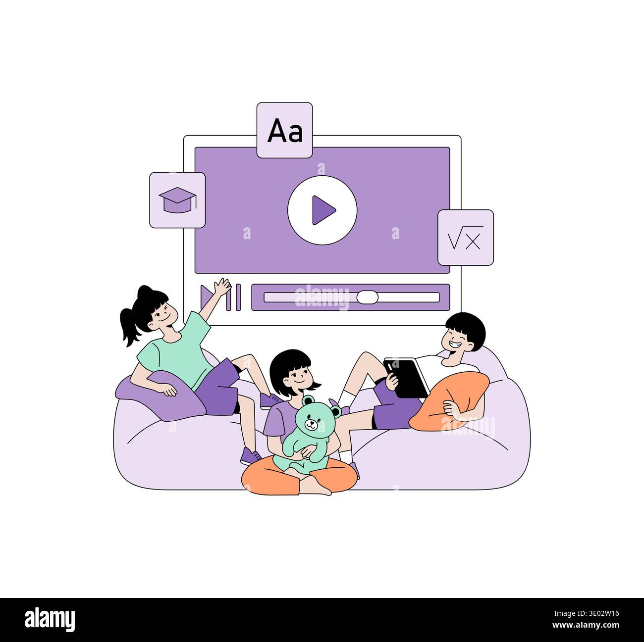Vektor-Illustration einer fröhlichen Familie, die zusammen ein lehrreiches Video auf einem großen Bildschirm ansieht. Die Szene zeigt eine entspannte Atmosphäre mit spielerischen und fröhlichen Interaktionen. Stock Vektor