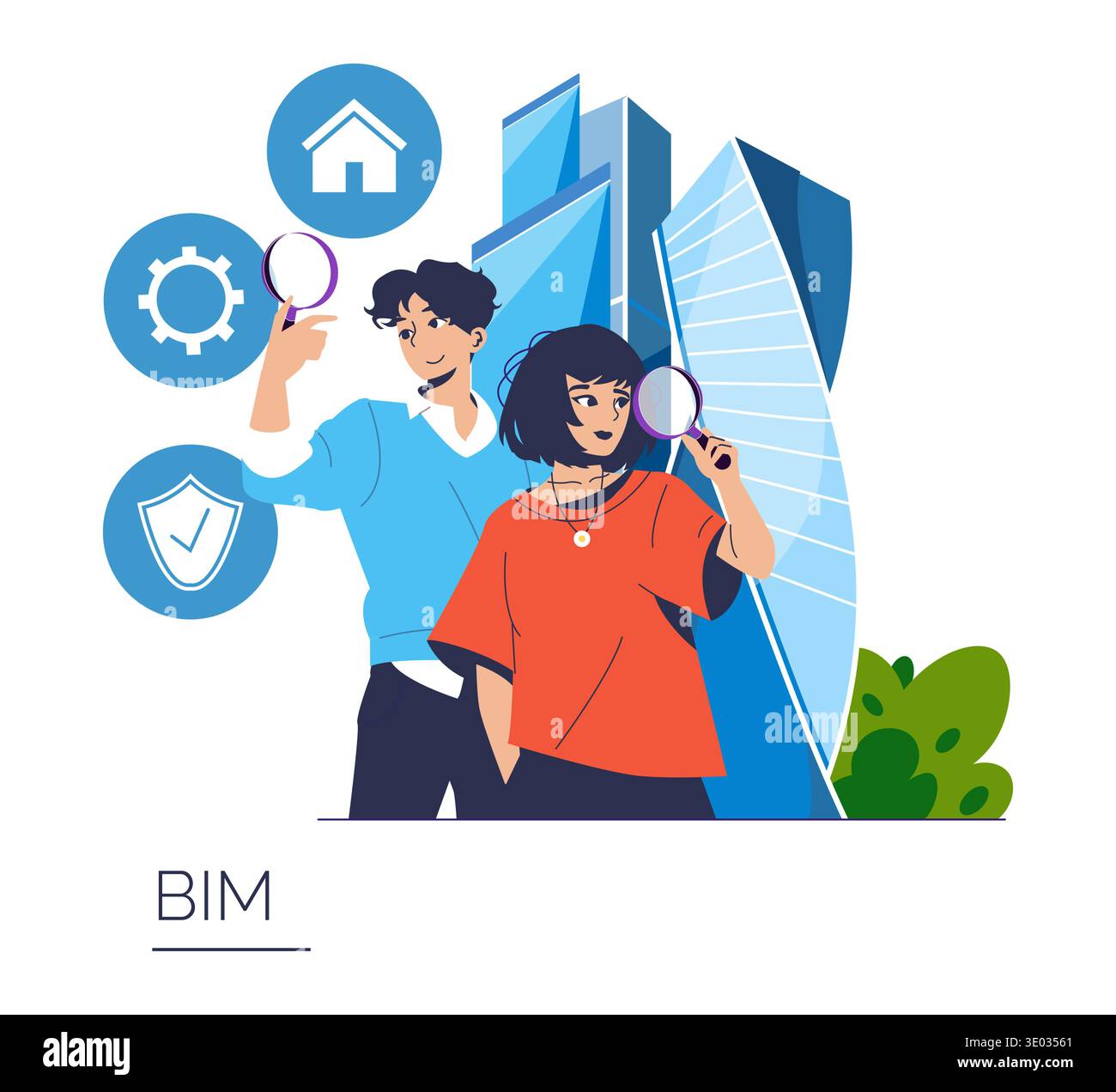 Vektorillustration von zwei Experten, die BIM-Konzepte (Building Information Modeling) analysieren. Sie verwenden Lupen in der Nähe moderner Architektursymbole, die Teamwork und Technologie darstellen. Stock Vektor
