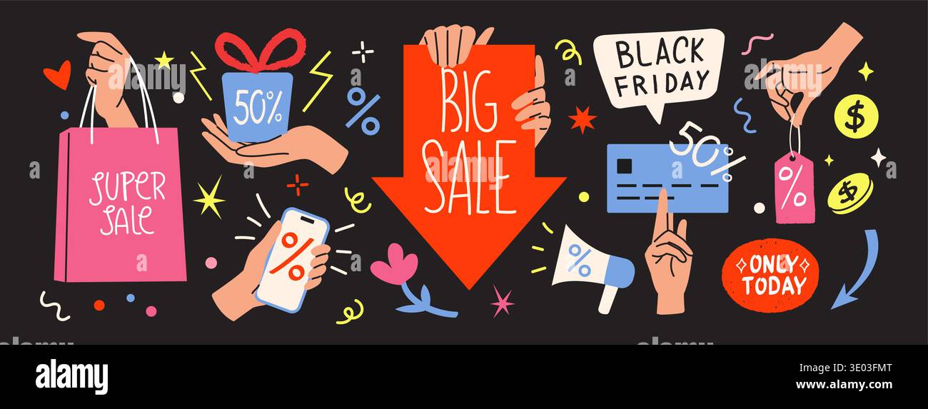 Halten Sie den Warenkorb in der Hand. Rabatt am Black Friday. Business Marketing Banner oder Verkaufswerbung. Sonderangebot in Prozent. Geschenkbox. Telefon-App. Zahlung per Kreditkarte zum Kauf. Vector Flat Aufkleber Set Stock Vektor