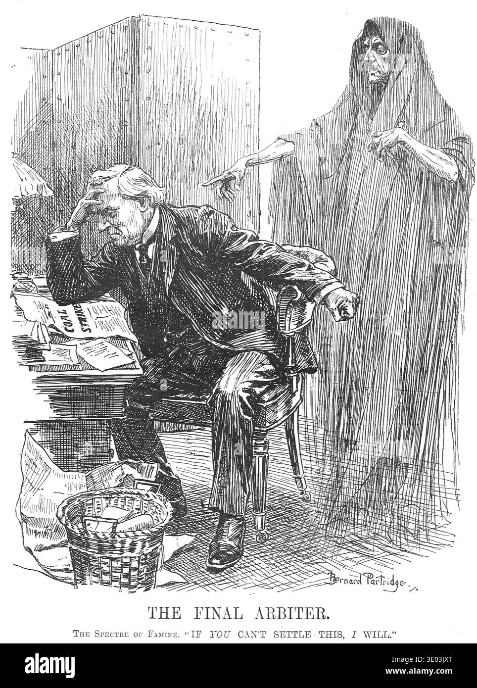 Punsch-Cartoon von 1912. Asquith starrt auf eine Kohleschlagzeile, während hinter ihm das Gespenst der Hungersnot steht und sagt: „Wenn du das nicht regeln kannst, werde ich es tun“. Es gab keine Hungersnot, die direkt durch einen Kohleschlag von 1912 verursacht wurde, aber der Begriff „Kohlehungersnot“ wurde in Nachrichtenberichten verwendet. Der Streik führte zwar nicht zu Massenverhungern, aber er verursachte schwere Engpässe und Not. Stockfoto