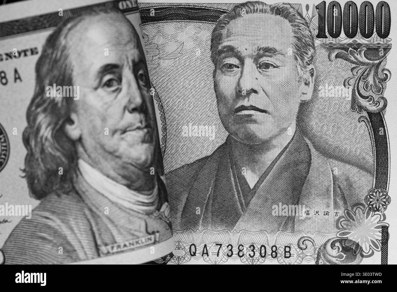 Makroansicht von Porträts auf US-Dollar- und japanischen Yen-Banknoten Stockfoto