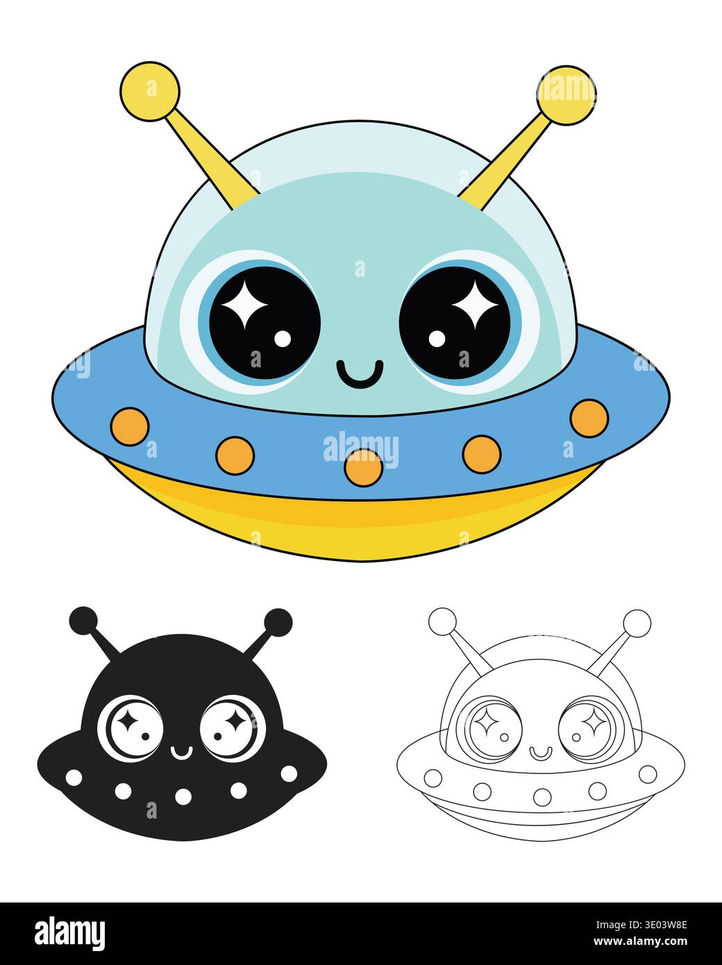 Niedliches gelbes und blaues Alien-UFO mit Linie Art Outline und schwarzer Silhouette Vektor-Illustration Stock Vektor