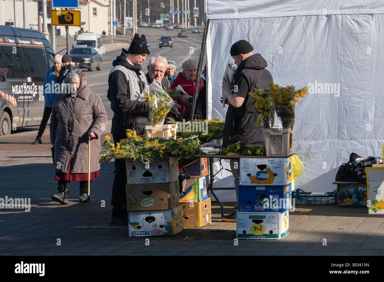 Minsk, Weißrussland - 8. März 2026: Straßenblumenverkäufer bieten während der International Womens gelbe Mimosa-Sträuße an einem temporären Stand auf dem Bürgersteig der Stadt an Stockfoto