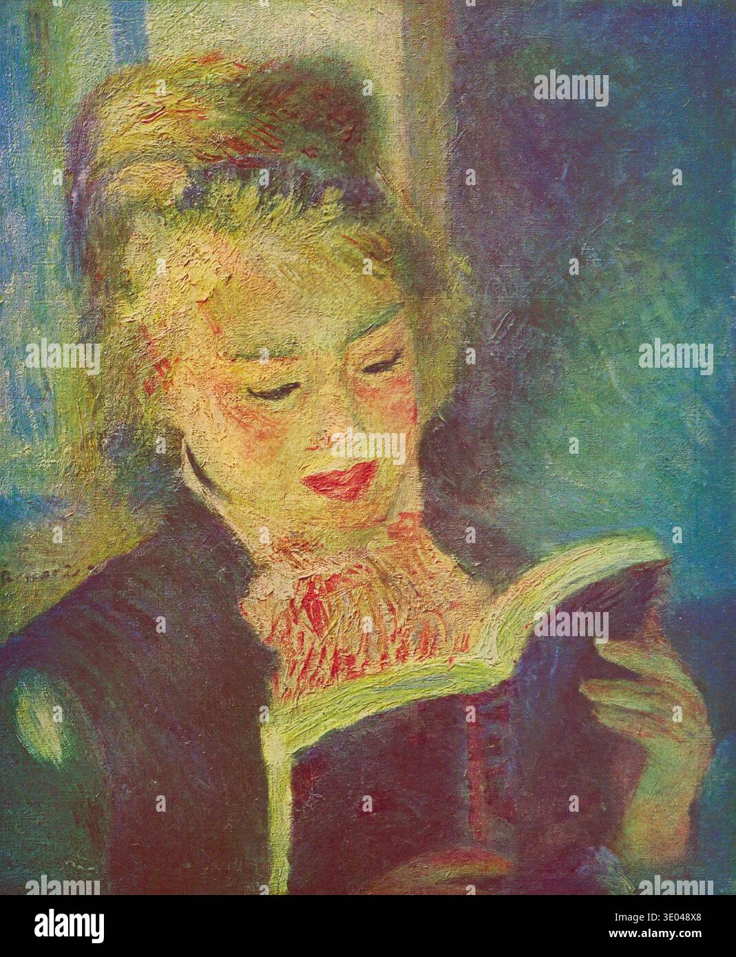 Eine Frau, die in ein Buch vertieft ist und in einem lockeren, impressionistischen Stil mit kräftigen Pinselstrichen und einer reichen Farbpalette dargestellt wird Stockfoto
