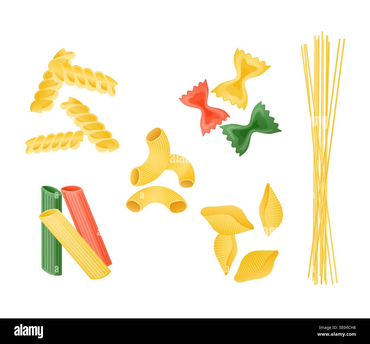 Verschiedene trockene Teigsorten, isoliert auf weißem Hintergrund, einschließlich Fusilli, Farfalle, Makkaroni, Penne, conchiglie und Spaghetti Stock Vektor