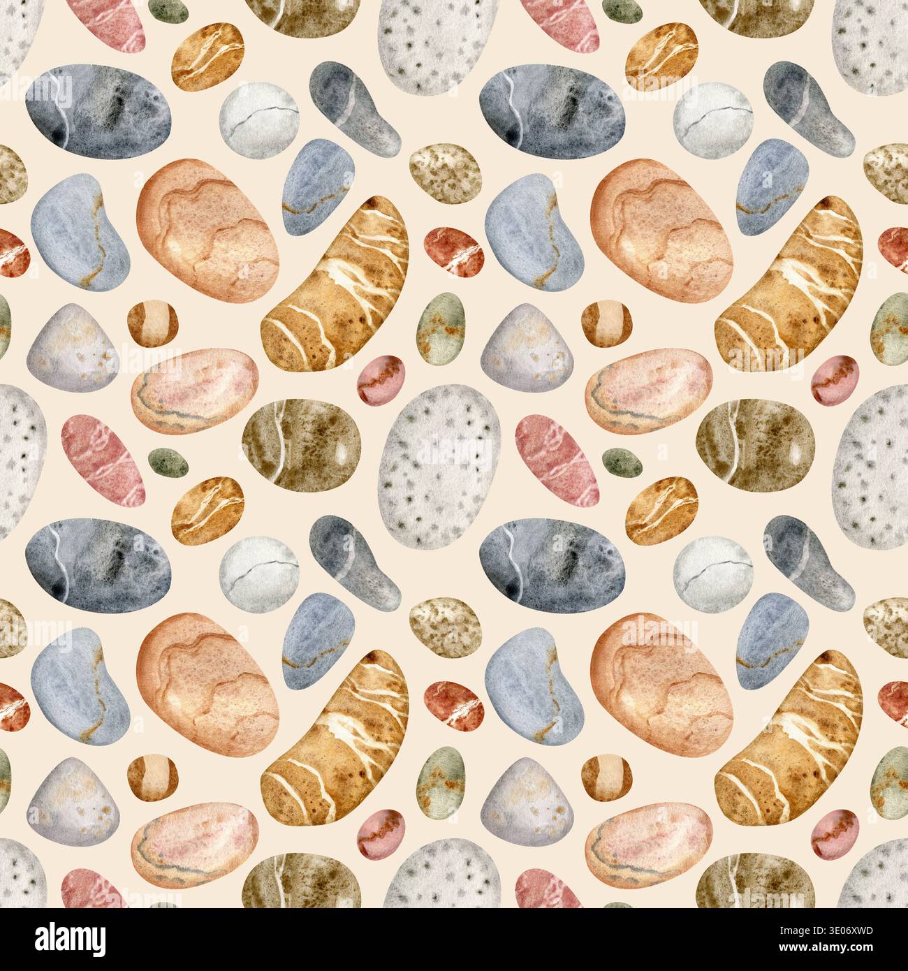 Aquarellstein Nahtloses Muster, Handgemalter Strand-Steine-Hintergrund. Natürliche organische Steinstruktur, perfekt für Textildesign und Tapeten Stockfoto