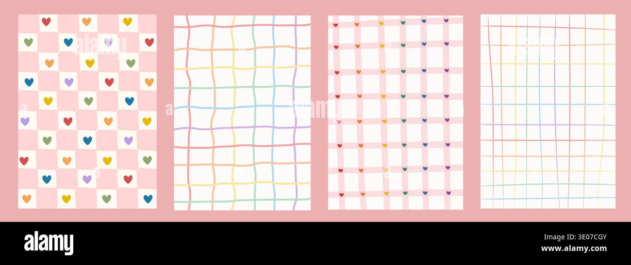 Set mit farbenfrohen Regenbogenfarben im Hintergrund. Handgezeichnetes Schachbrettmuster, Gingham- und Gittermuster im Retro-Stil mit farbenfrohen Herzakzenten. Niedliche skurrile Ästhetik Stock Vektor