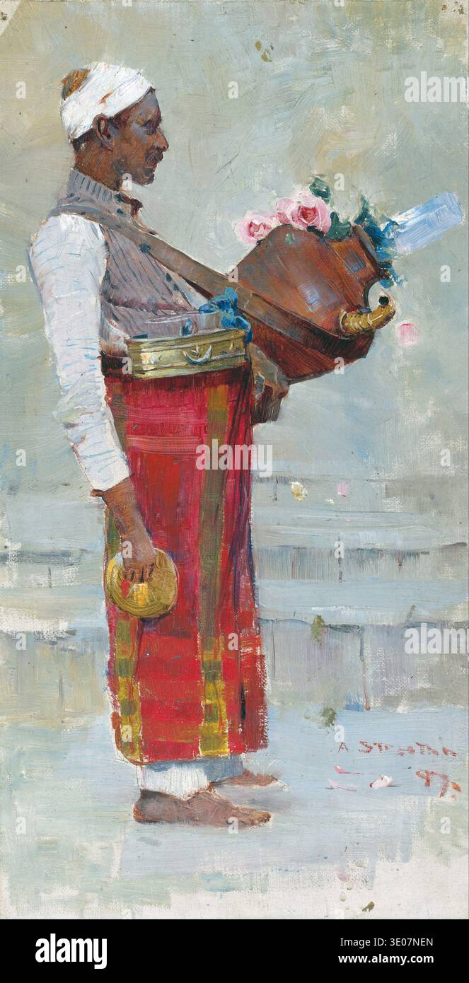 Dieses impressionistische Ölgemälde von Arthur Streeton, wahrscheinlich aus dem frühen 20. Jahrhundert, zeigt einen ägyptischen Getränkehändler im Profil, der seinen traditionellen Apparat trägt. Das Kunstwerk fängt die leuchtenden Farben seiner Kleidung und die zarten rosa Rosen, die seinen Behälter vor einem sanft bemalten Hintergrund zieren, ein. Stockfoto