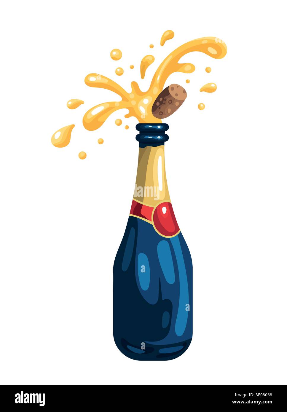 Cartoon-Champagnerflasche mit knallendem Kork und Spritzer. Festliche Sektexplosion. Flachvektor-Clipart, Illustration mit isoliertem Hintergrund. Stock Vektor
